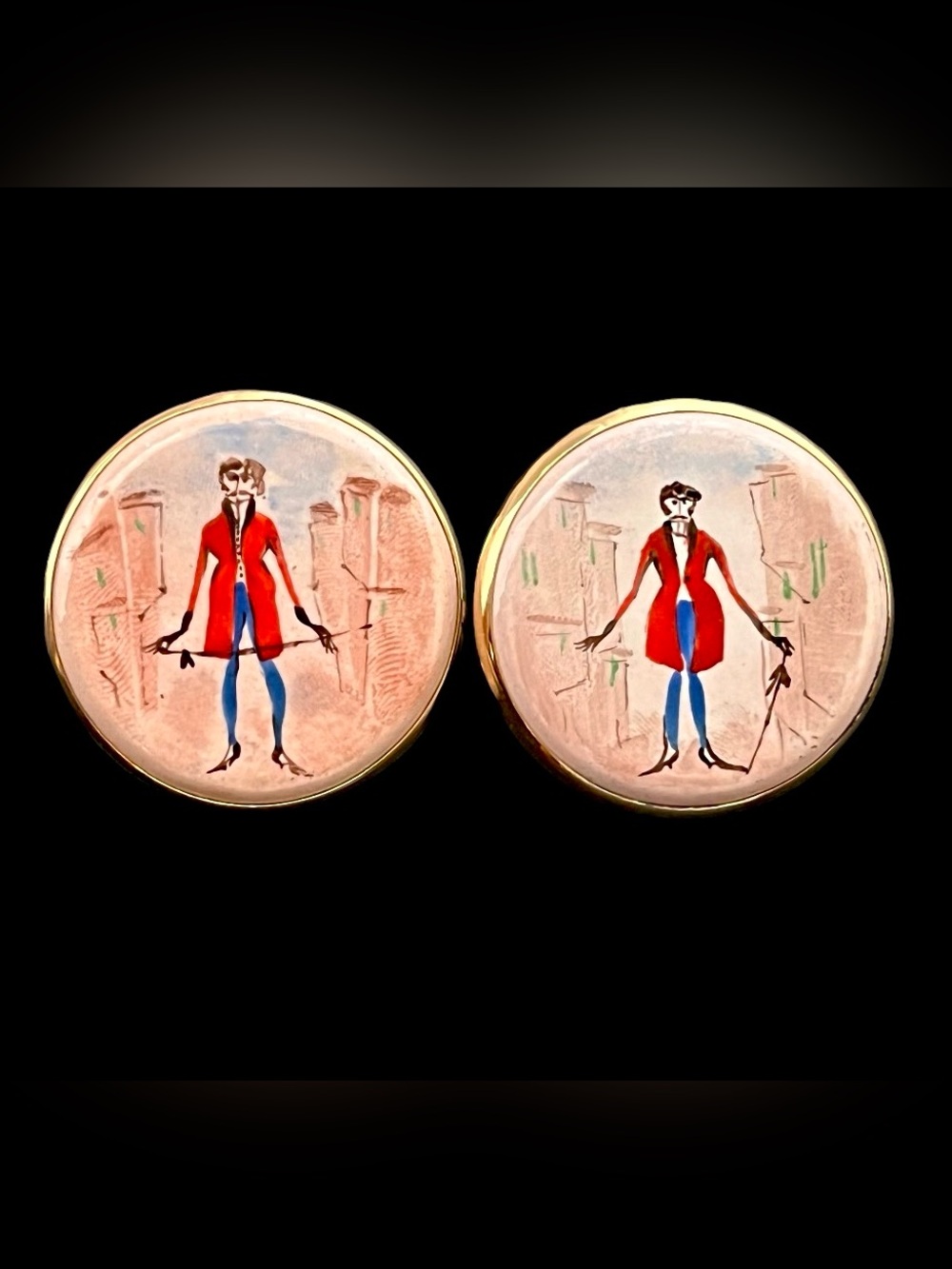 Vintage Italian Porcelain Cufflinks Large Hand Painted Dandy Man